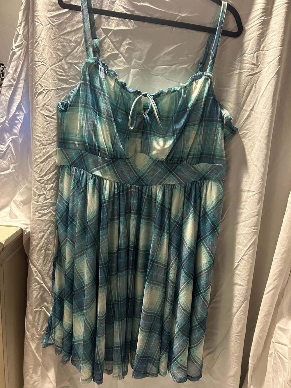 Torrid Plaid Mesh Cami Dress Size 3 Blue Green Shirred Bust Sundress
